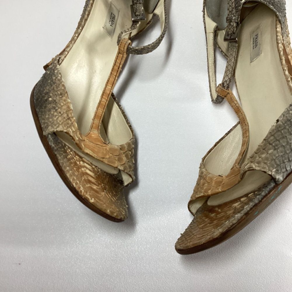 Prada Brown Tan Snakeskin T-Strap Heels - Picture 6 of 15